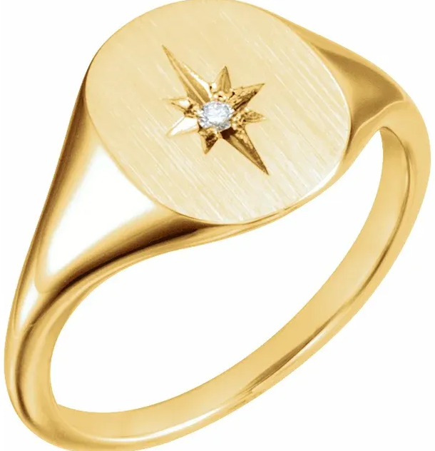 14K Yellow 11x10 Oval .02 CTW Natural Diamond Starburst Signet Ring